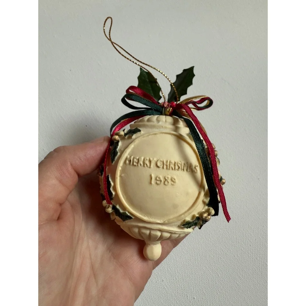 Vintage 1989 Merry Christmas Ornament Poinsettia Holly Ribbon Commemorative 3in